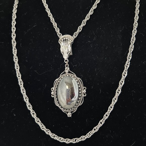 Whiting & Davis Silver Pendant with Large Hematite Cabochon on Chain Necklace - Picture 1 of 11